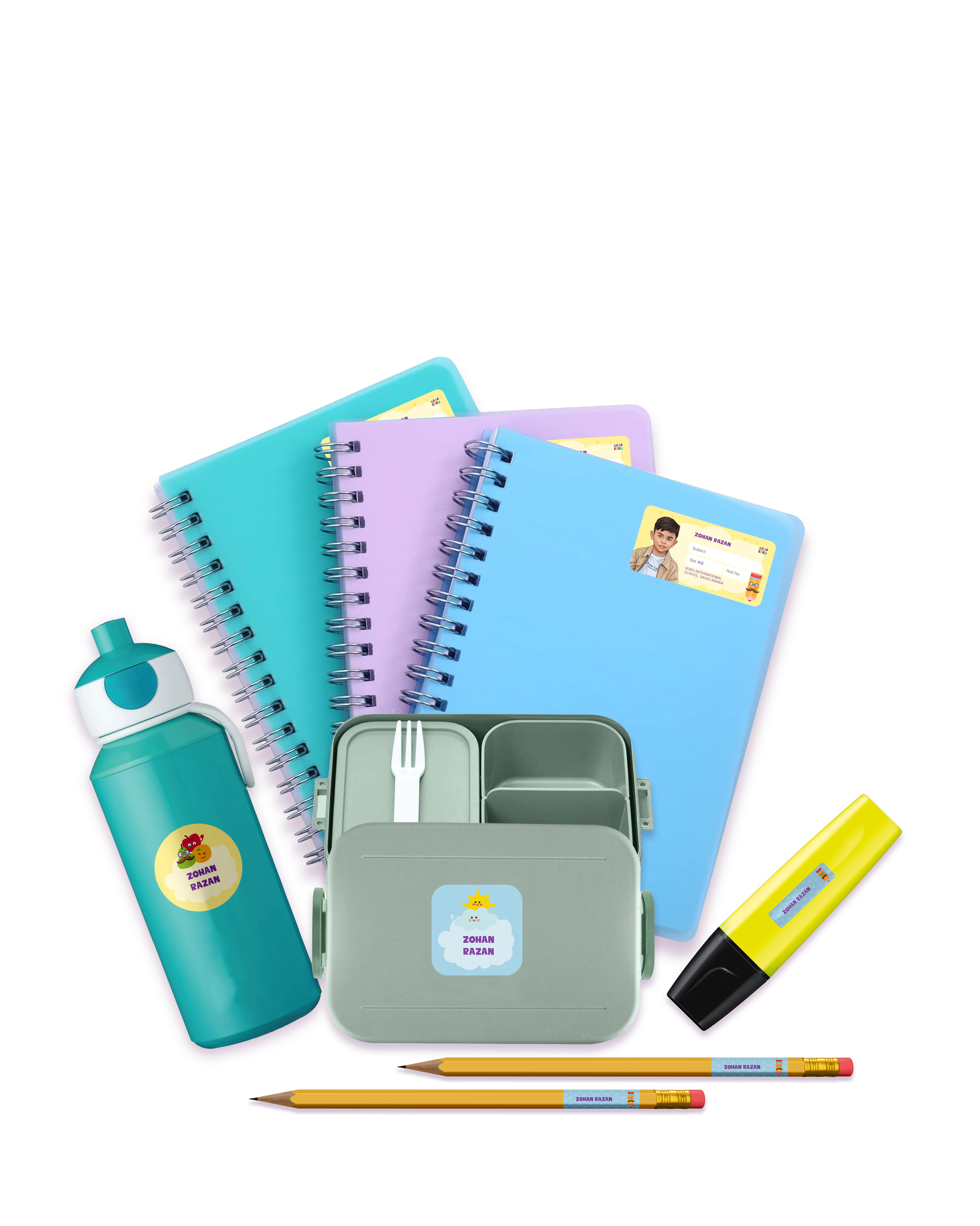 KokuKids personalized name label sheets — colorful waterproof stickers
